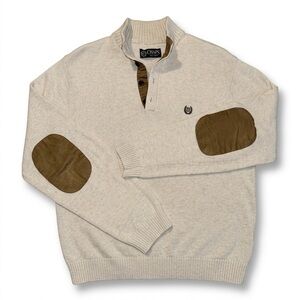 Chaps Men's L Sweater Cream 1/4 Button Mock Neck Elbow Patches Cotton Pullover